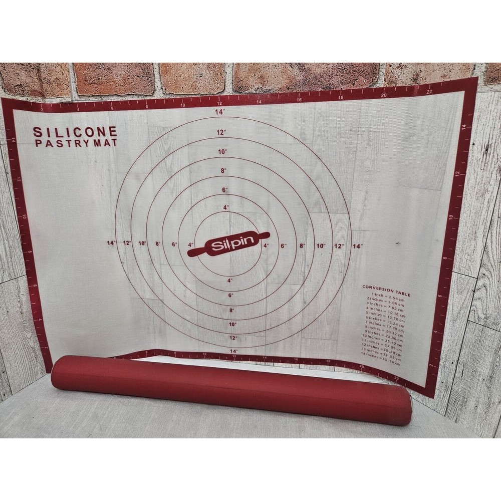 SillPin Silicon Rolling Pin 19.5" Long With Silicone Pastry Mat 15"X23" Red New